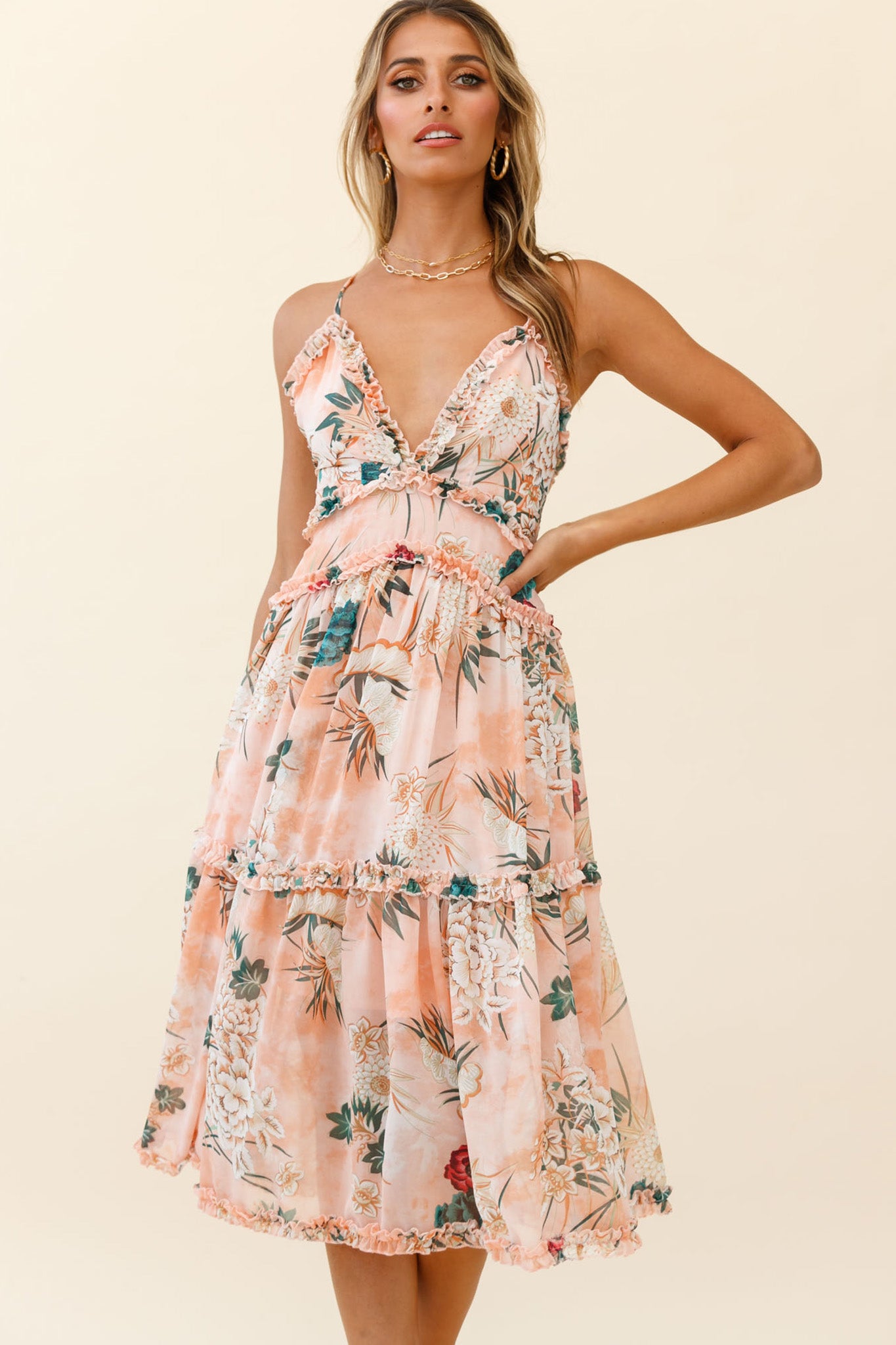 Laney Low Back Cami Strap Midi Dress Botanical Print Orange by Selfie Leslie
