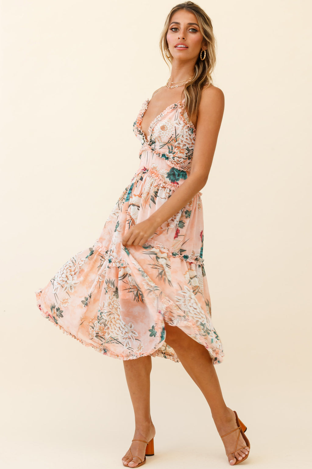 Laney Low Back Cami Strap Midi Dress Botanical Print Orange by Selfie Leslie