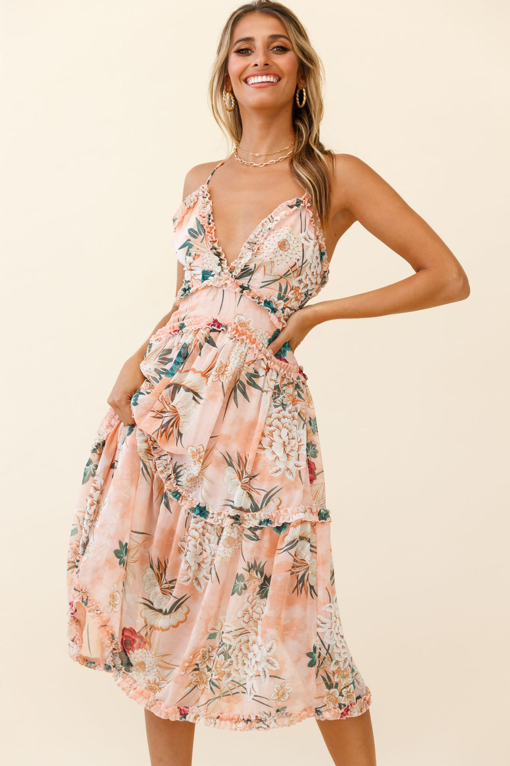 Laney Low Back Cami Strap Midi Dress Botanical Print Orange by Selfie Leslie