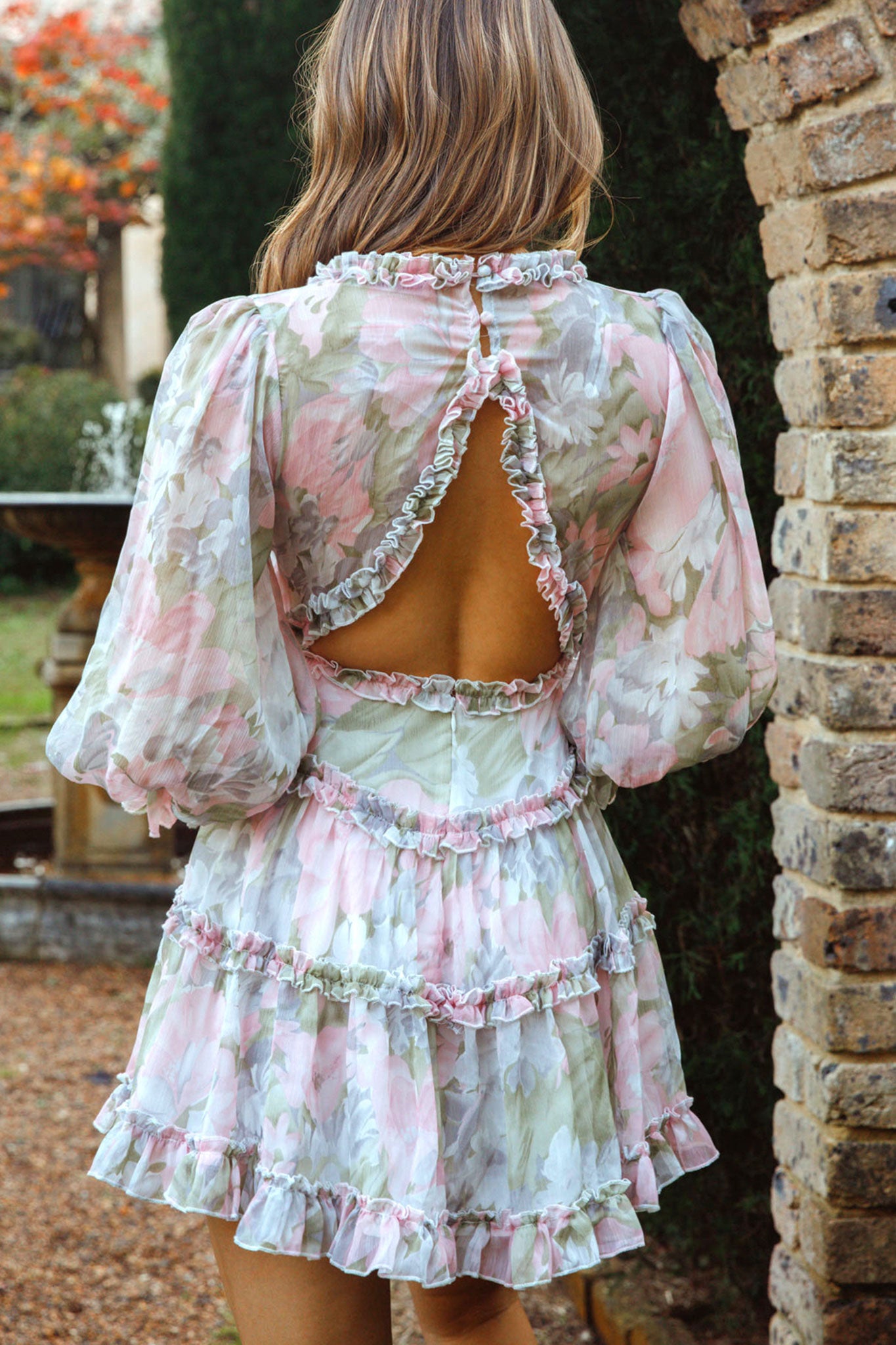 Laney Cutout Back Ruffle Trim Dress Watercolor Floral Print Pink by Selfie Leslie
