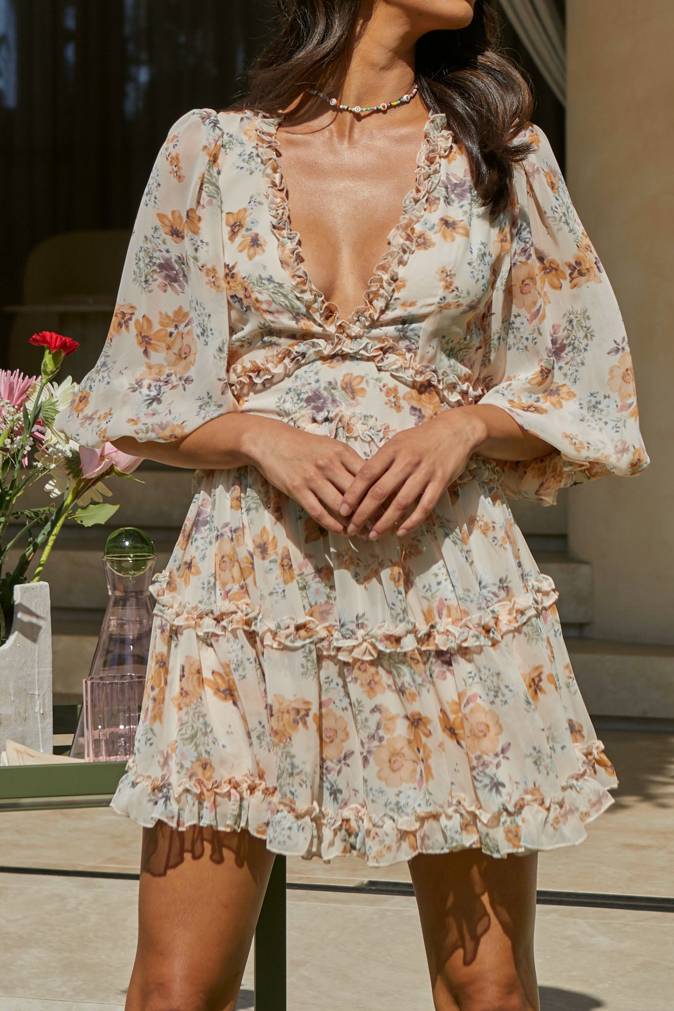 Laney Cutout Back Ruffle Trim Dress Vintage Floral Print Beige by Selfie Leslie