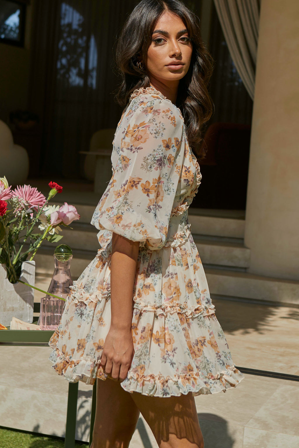 Laney Cutout Back Ruffle Trim Dress Vintage Floral Print Beige by Selfie Leslie