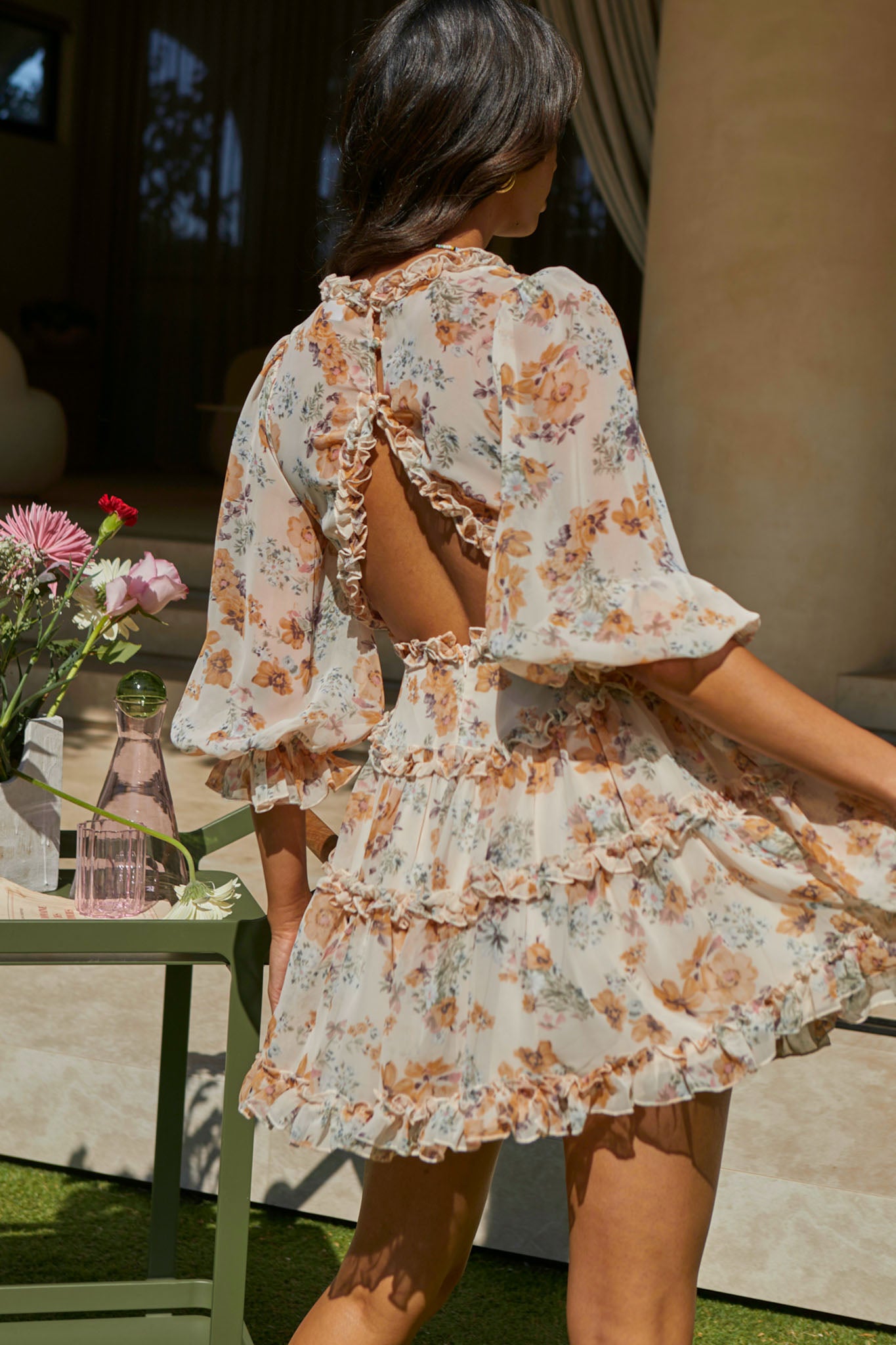 Laney Cutout Back Ruffle Trim Dress Vintage Floral Print Beige by Selfie Leslie