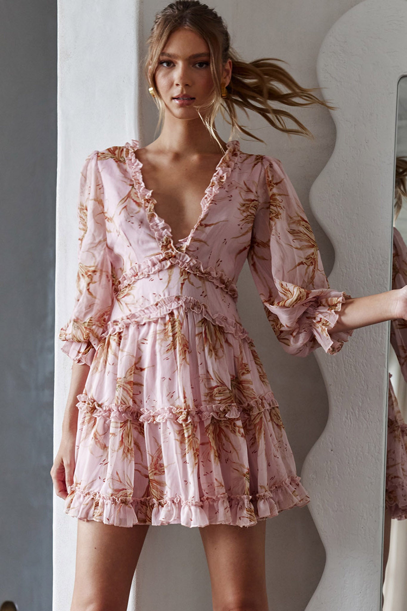 Laney Cutout Back Ruffle Trim Dress Lily Print Pink by Selfie Leslie