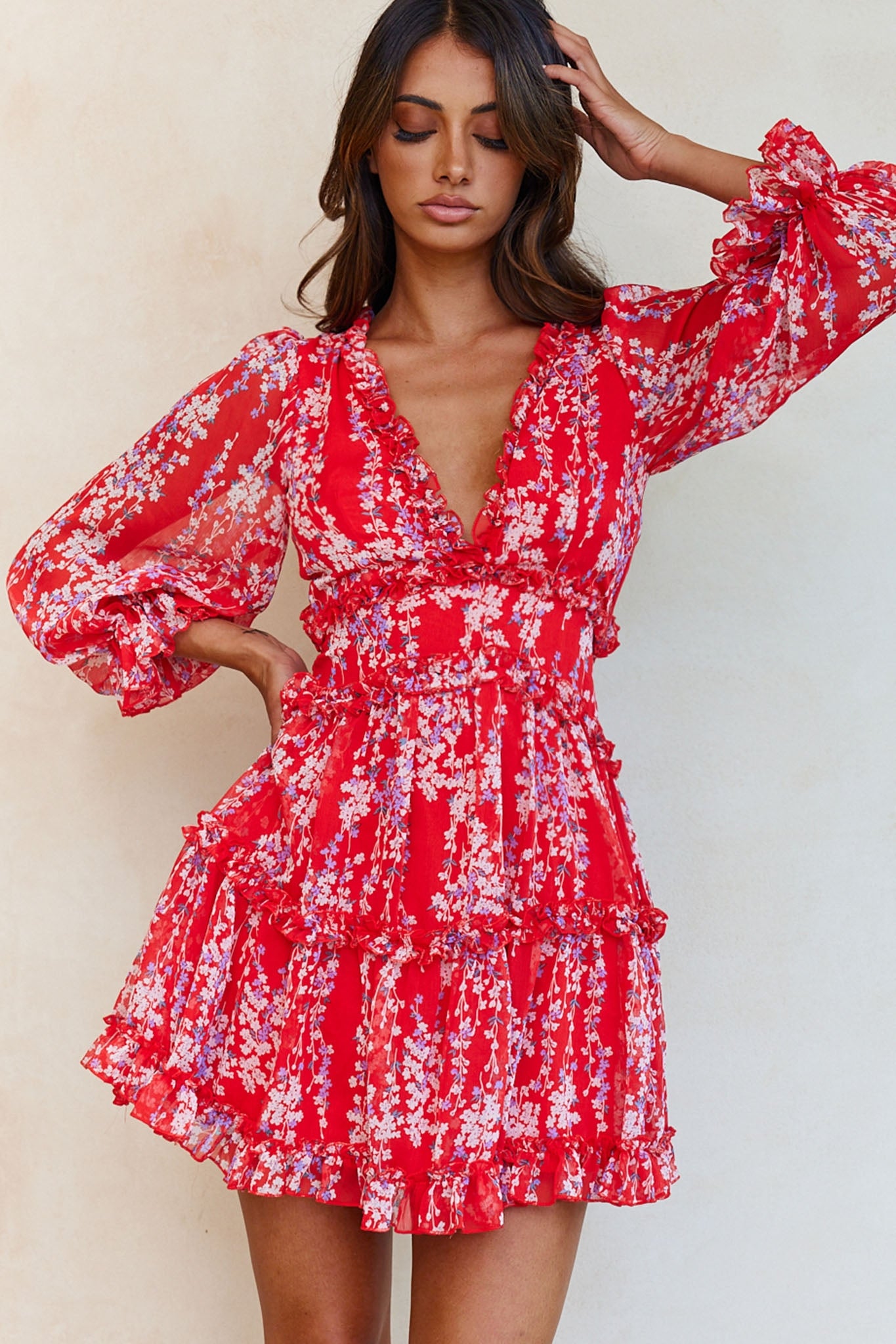 Laney Cutout Back Ruffle Detail Floral Dress Red by Selfie Leslie