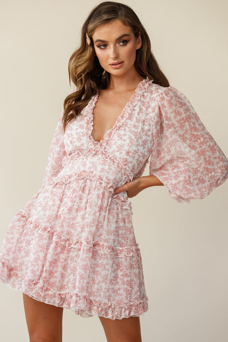 Laney Cutout Back Ruffle Trim Dress Floral Print Blush by Selfie Leslie