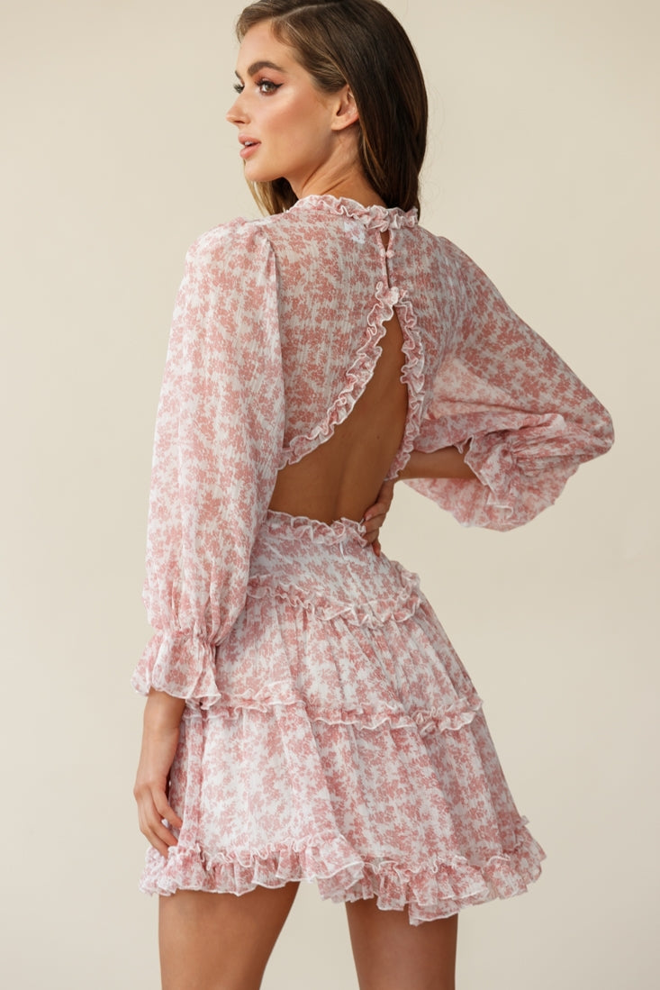 Laney Cutout Back Ruffle Trim Dress Floral Print Blush by Selfie Leslie