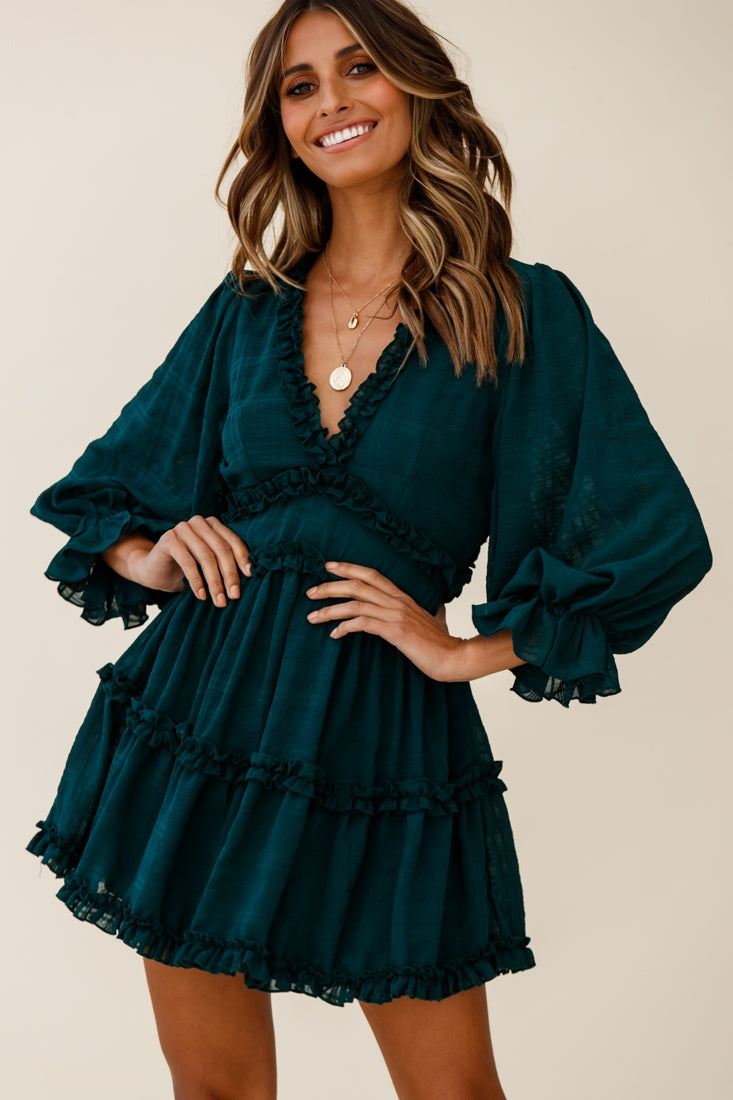 Laney Cutout Back Balloon Sleeve Dress Forest Green by Selfie Leslie