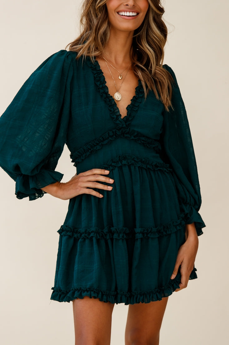 Laney Cutout Back Balloon Sleeve Dress Forest Green by Selfie Leslie