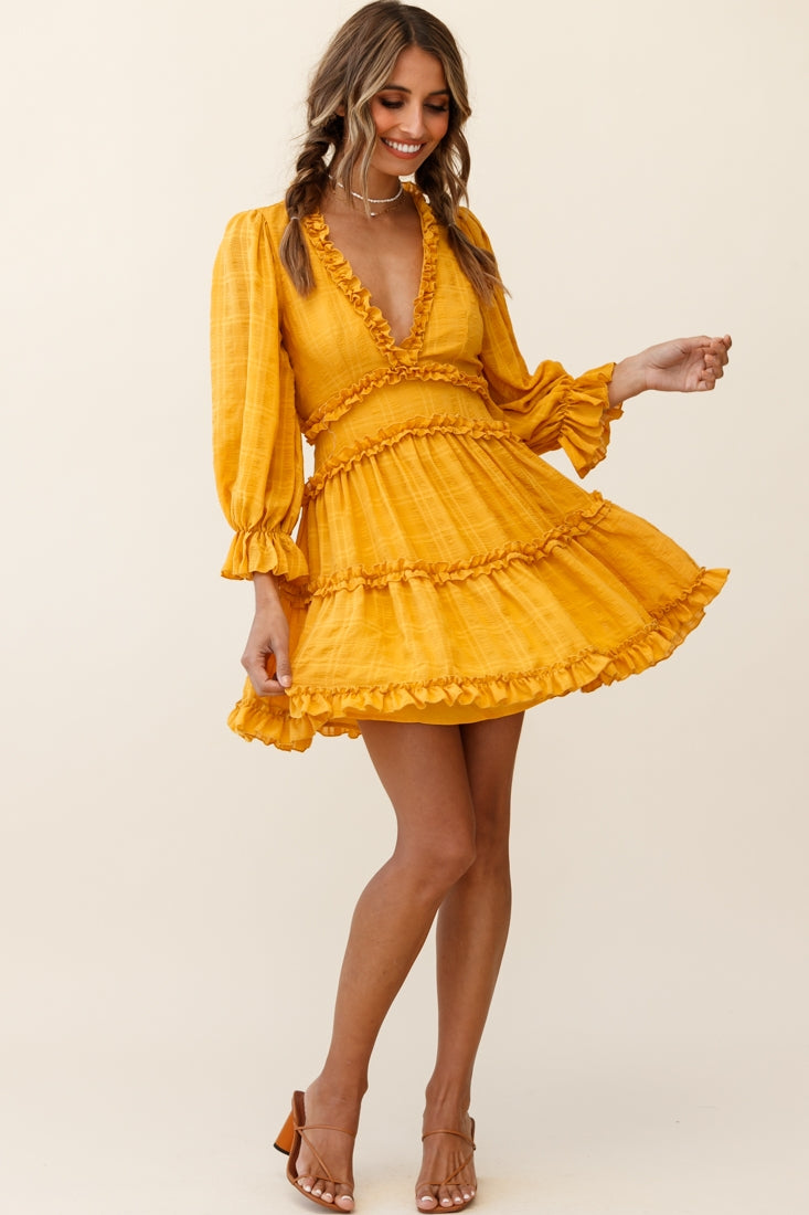 Laney Cutout Back Balloon Sleeve Dress Mustard by Selfie Leslie