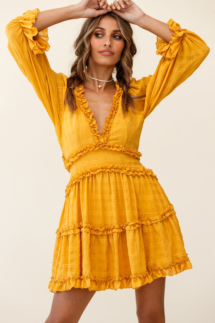 Laney Cutout Back Balloon Sleeve Dress Mustard by Selfie Leslie