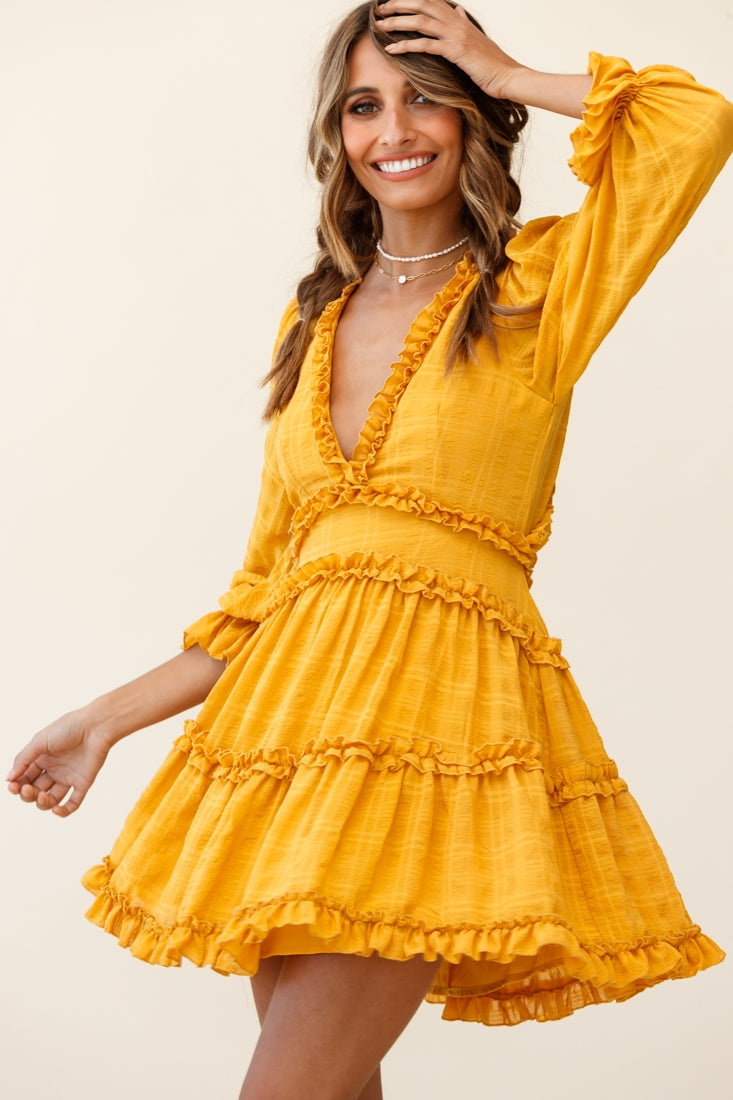 Laney Cutout Back Balloon Sleeve Dress Mustard by Selfie Leslie