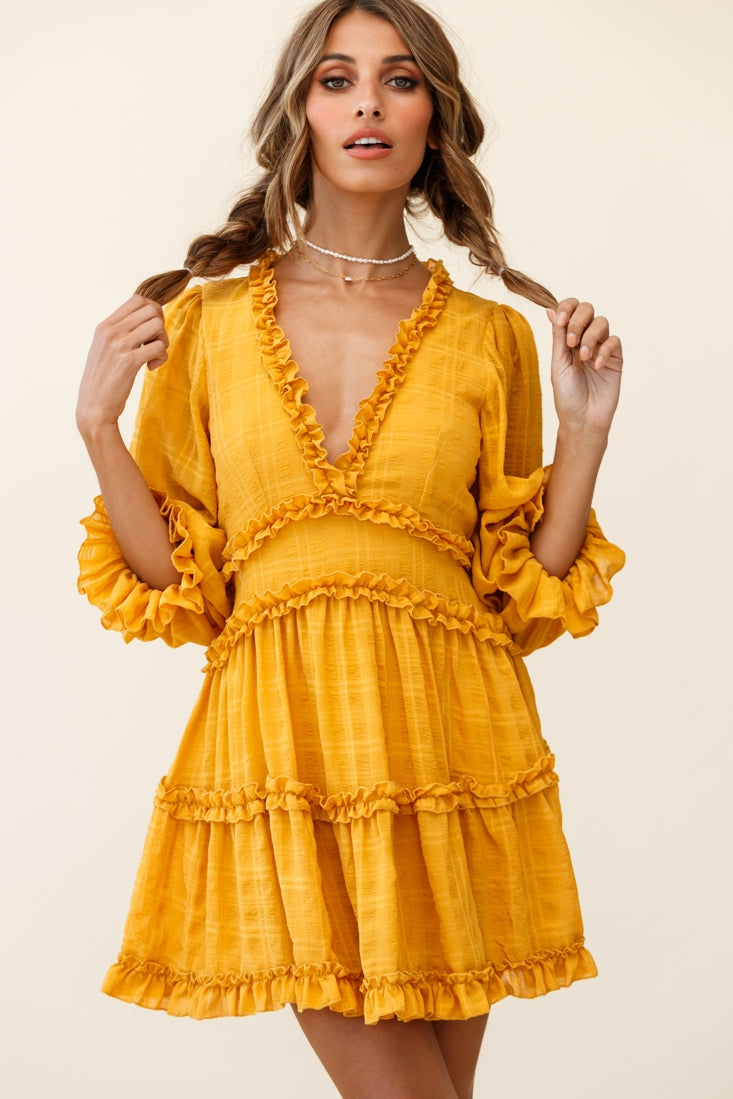 Laney Cutout Back Balloon Sleeve Dress Mustard by Selfie Leslie