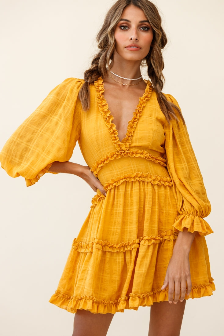 Laney Cutout Back Balloon Sleeve Dress Mustard by Selfie Leslie