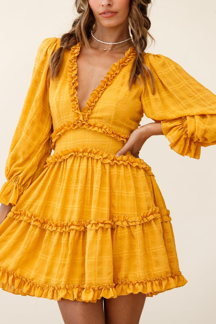 Laney Cutout Back Balloon Sleeve Dress Mustard by Selfie Leslie