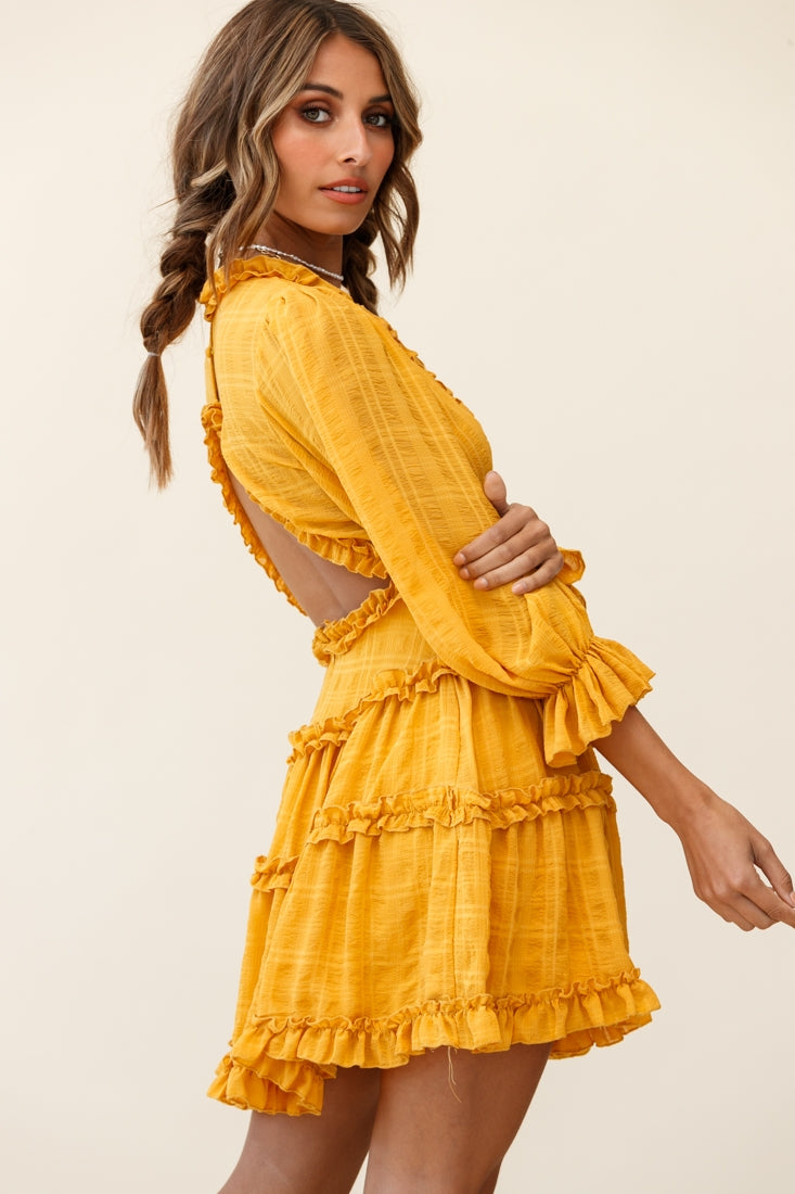 Laney Cutout Back Balloon Sleeve Dress Mustard by Selfie Leslie