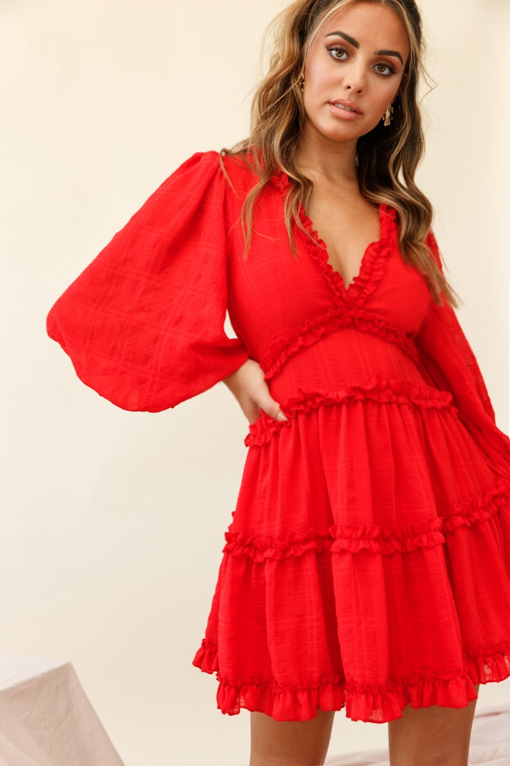 Laney Cutout Back Ruffle Trim Dress Red by Selfie Leslie