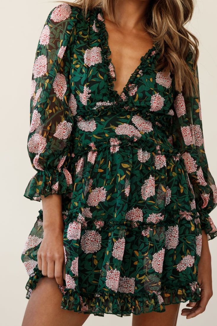 Laney Cutout Back Ruffle Trim Dress Hydrangea Print Nude