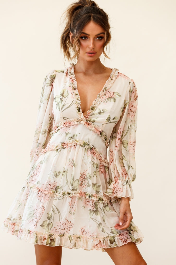 Laney Cutout Back Ruffle Trim Dress Hydrangea Print Nude by Selfie Leslie