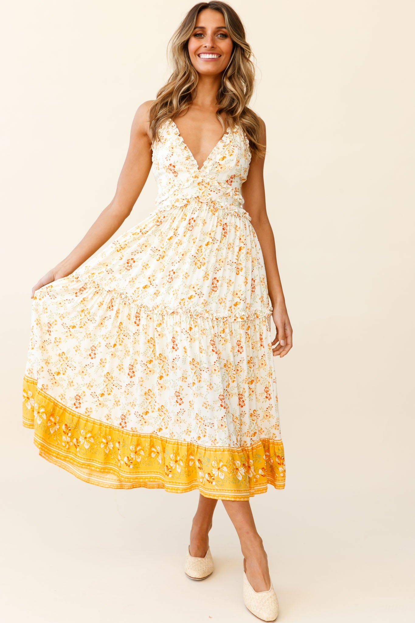 Laney Low Back Cami Strap Midi Dress Hibiscus Print Mustard by Selfie Leslie