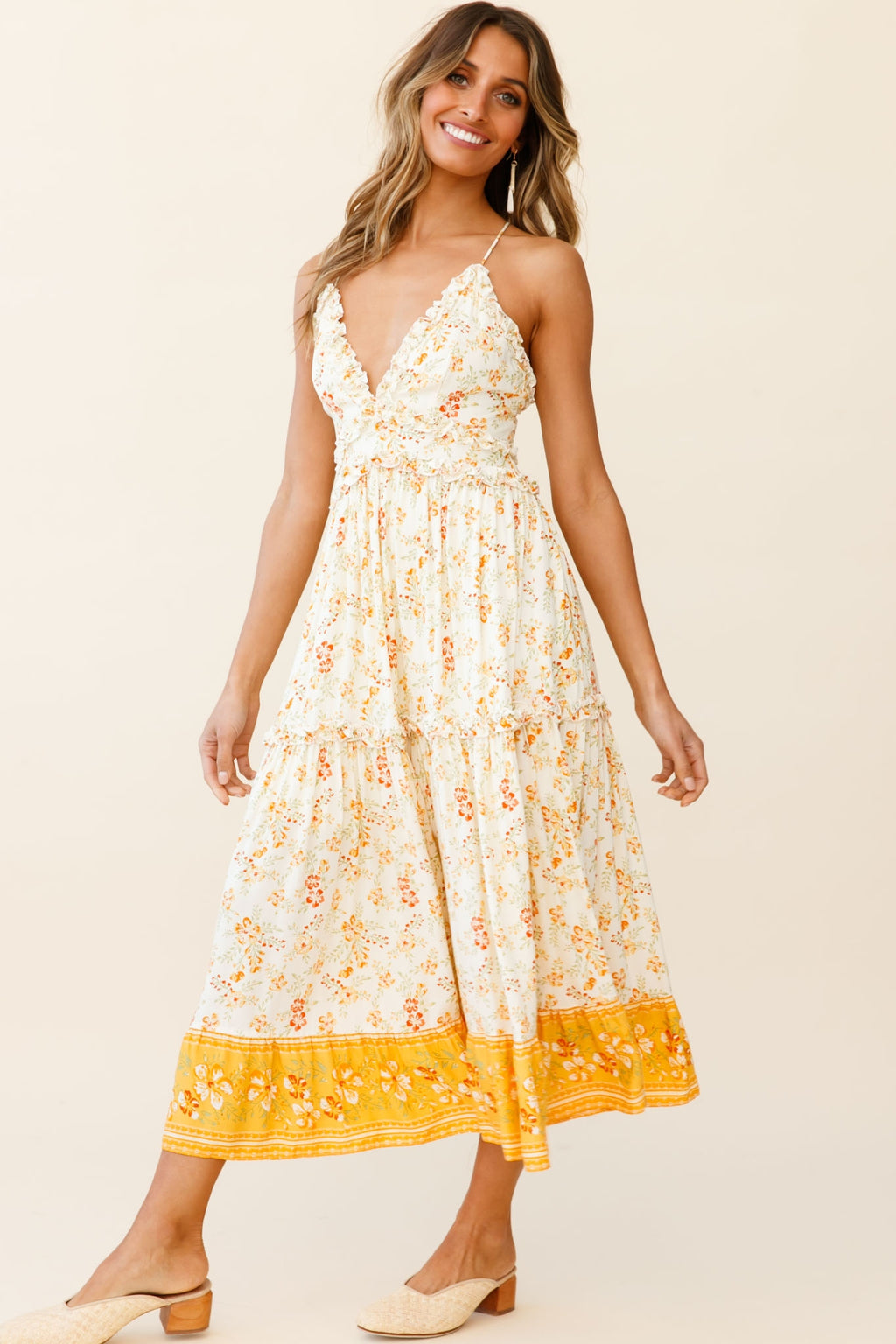 Laney Low Back Cami Strap Midi Dress Hibiscus Print Mustard by Selfie Leslie