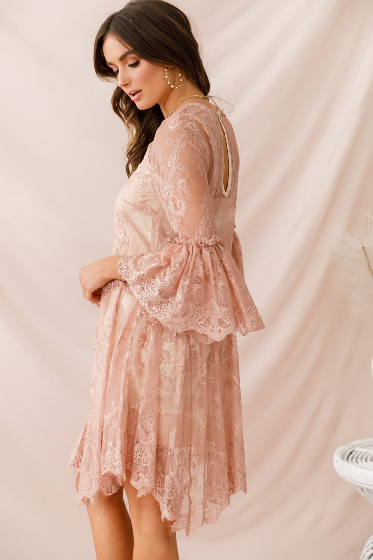Birdie Lace Overlay Swing Dress Nude by Selfie Leslie
