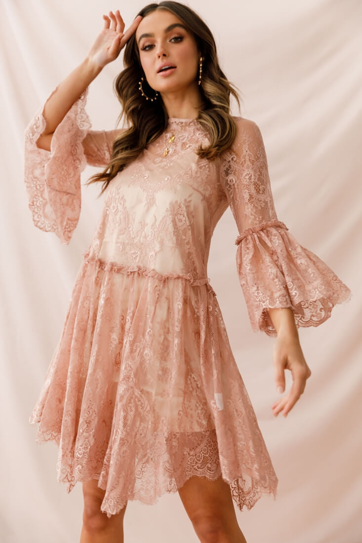 Birdie Lace Overlay Swing Dress Nude by Selfie Leslie