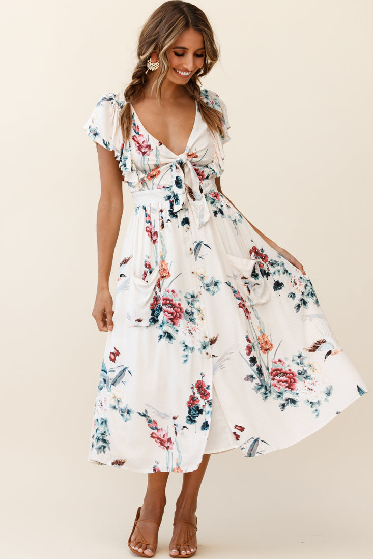 Amelie Tied Bust Pocket Midi Dress Floral Print Beige by Selfie Leslie