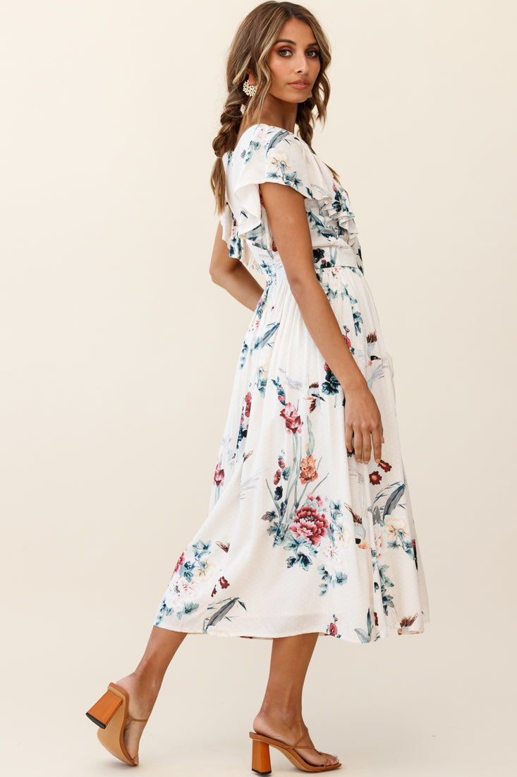 Shop the Amelie Tied Bust Pocket Midi Dress Floral Print Beige | Selfie ...