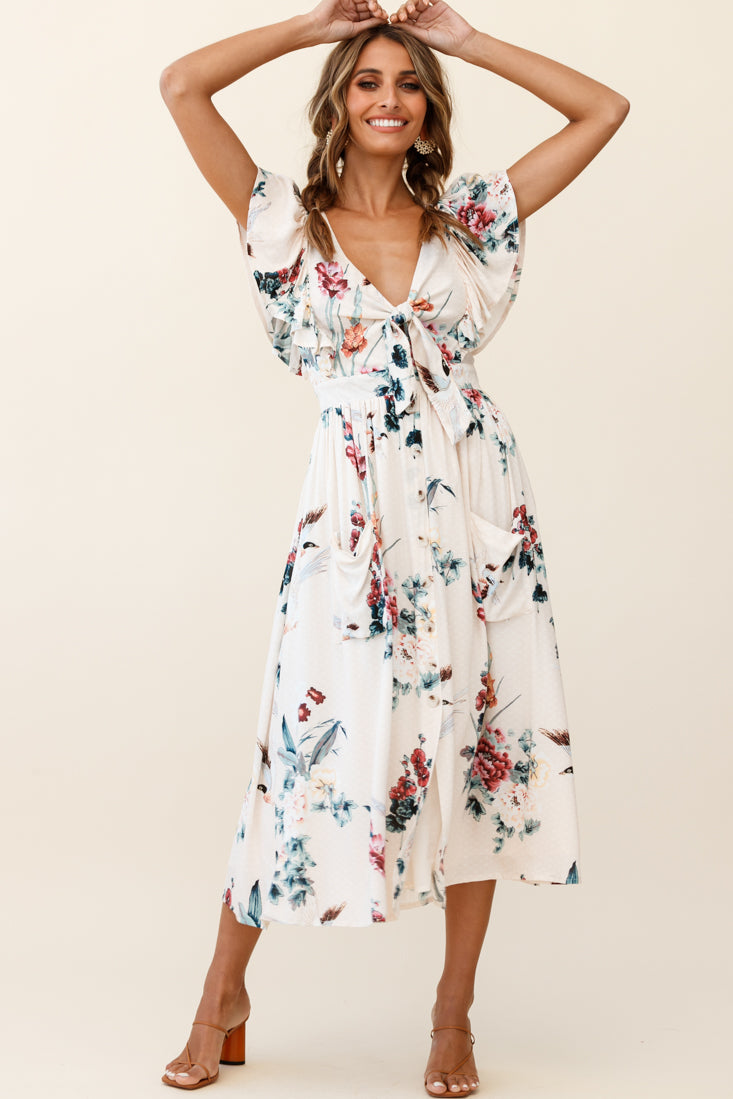 Amelie Tied Bust Pocket Midi Dress Floral Print Beige by Selfie Leslie