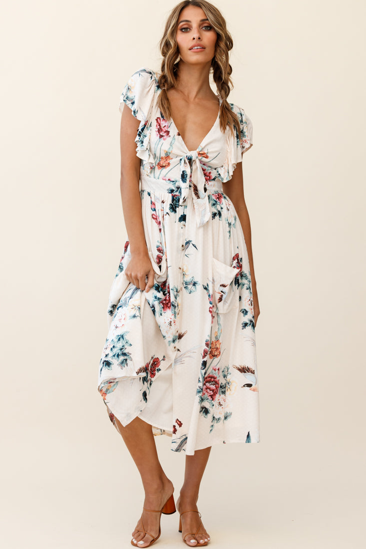 Amelie Tied Bust Pocket Midi Dress Floral Print Beige by Selfie Leslie