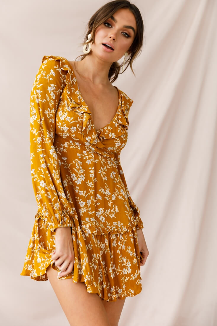Brentwood Lace Up Babydoll Dress Mustard by Selfie Leslie