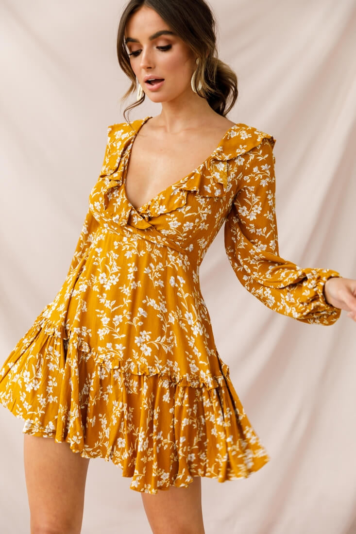 Brentwood Lace Up Babydoll Dress Mustard by Selfie Leslie
