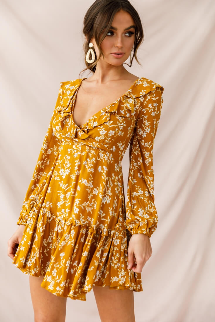 Brentwood Lace Up Babydoll Dress Mustard by Selfie Leslie