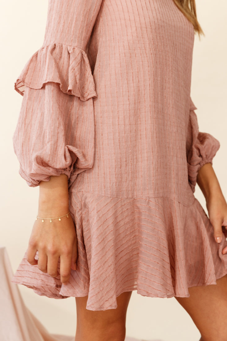 Cate Crew Neckline Balloon Sleeve Frill Dress Rose by Selfie Leslie