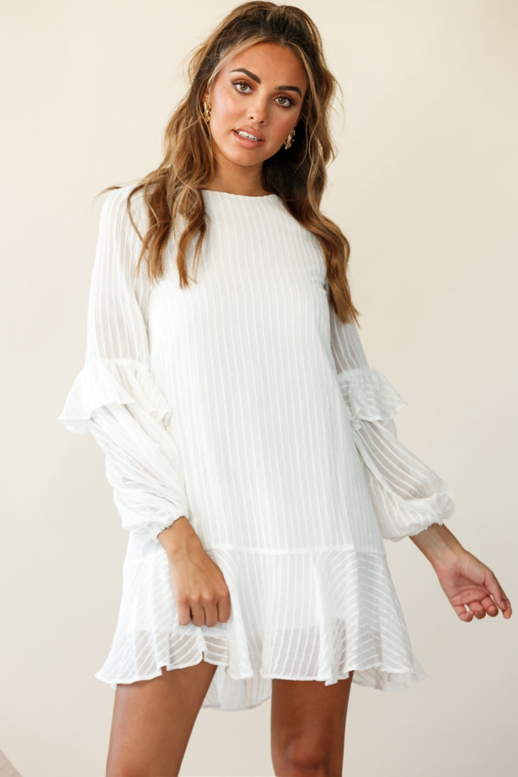 Cate Crew Neckline Balloon Sleeve Frill Dress White by Selfie Leslie