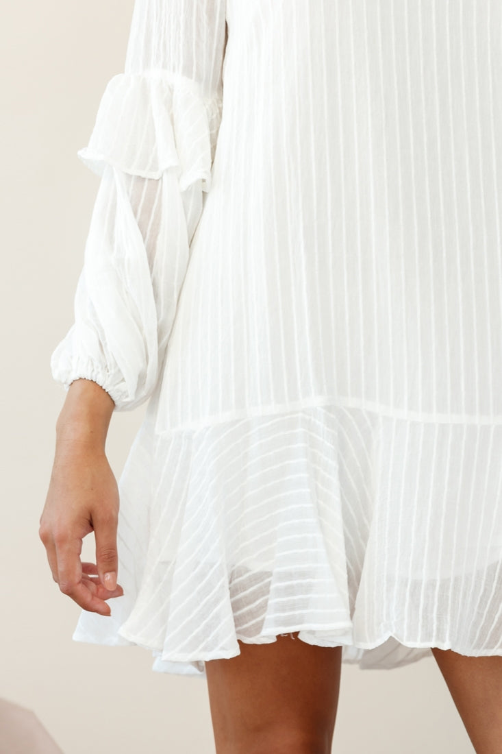 Cate Crew Neckline Balloon Sleeve Frill Dress White by Selfie Leslie