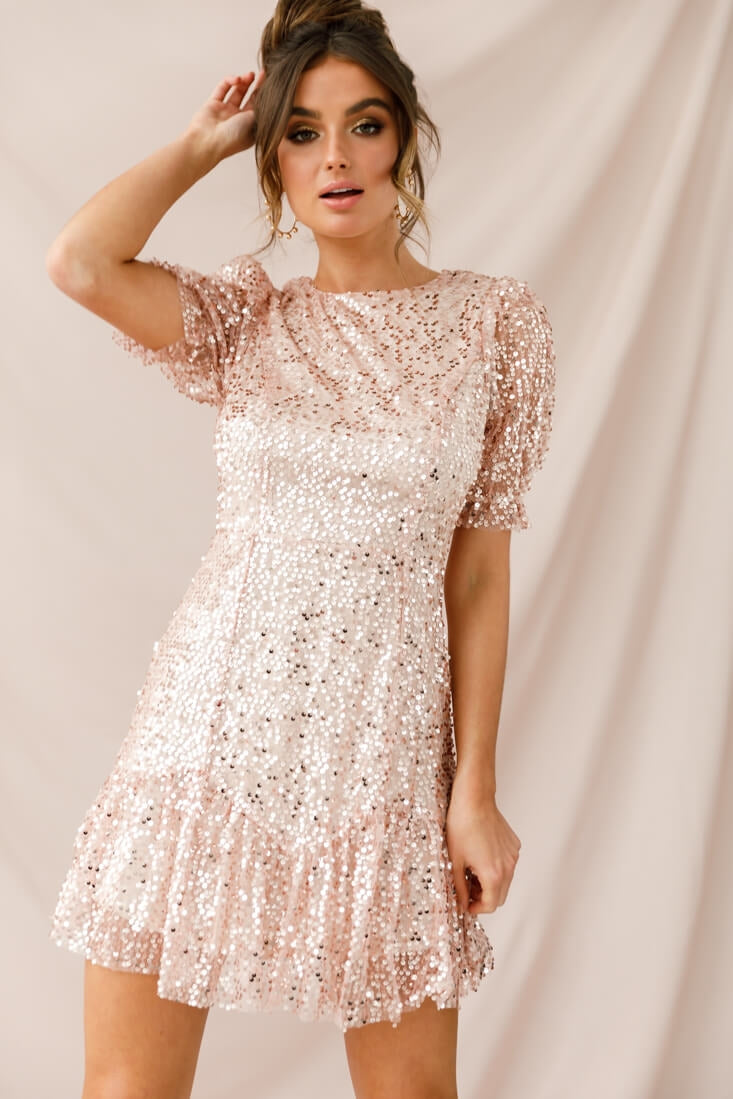 gold sequin skater dress Rosi Champagne Sequin Skater Mini Dress M / Silver