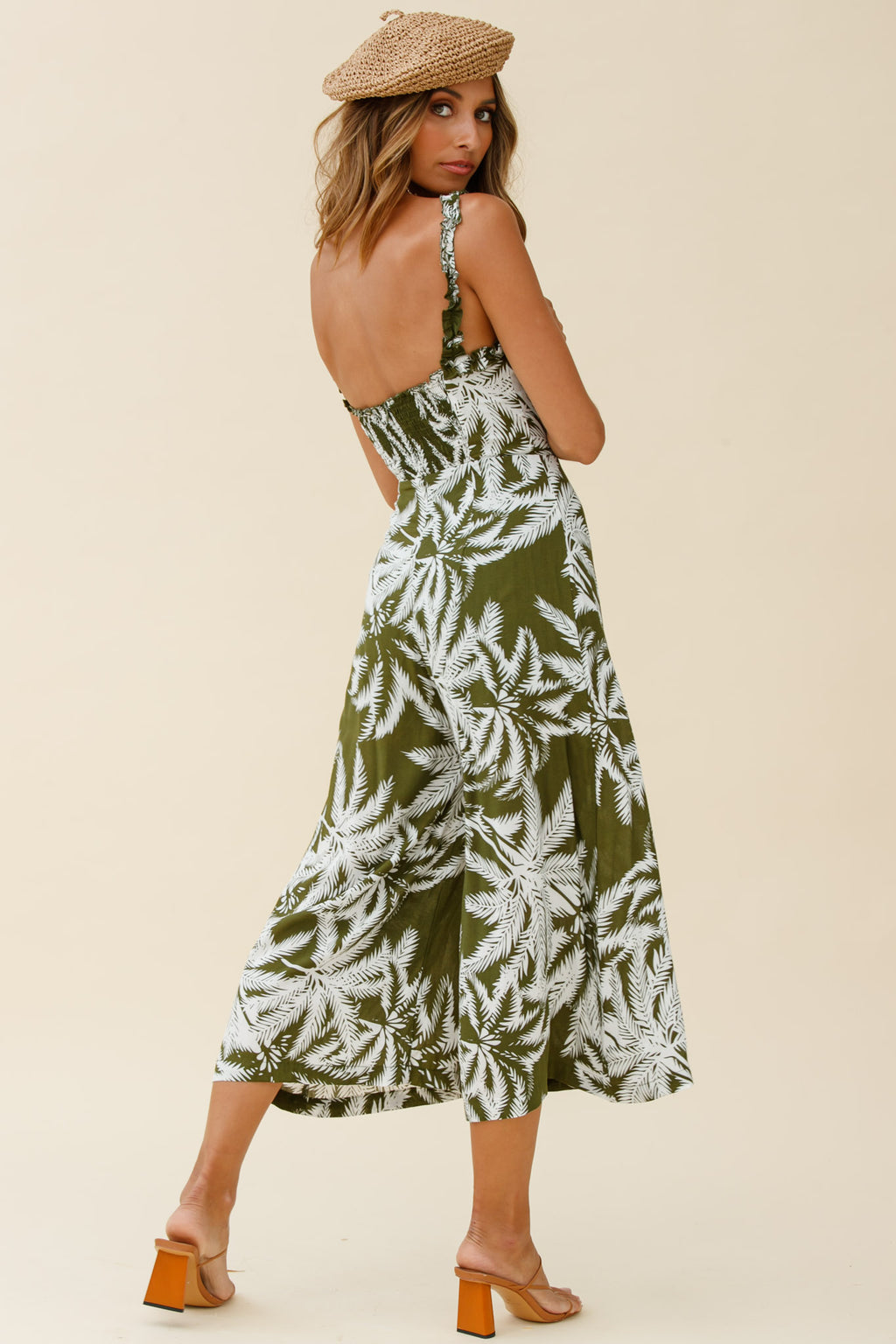 Magdalene Frill Strap Midi Jumpsuit Palm Print Olive by Selfie Leslie