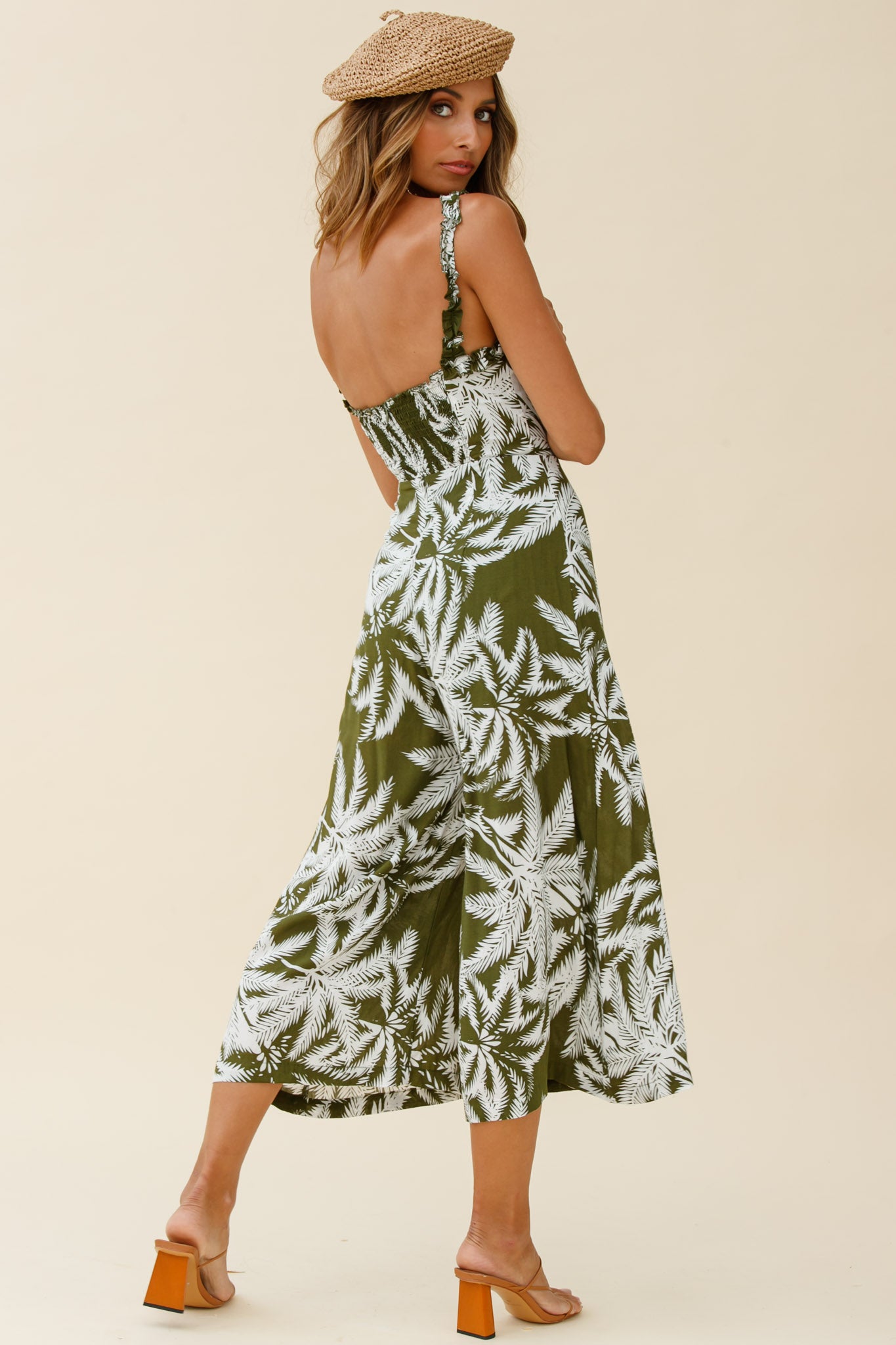 Magdalene Frill Strap Midi Jumpsuit Palm Print Olive by Selfie Leslie