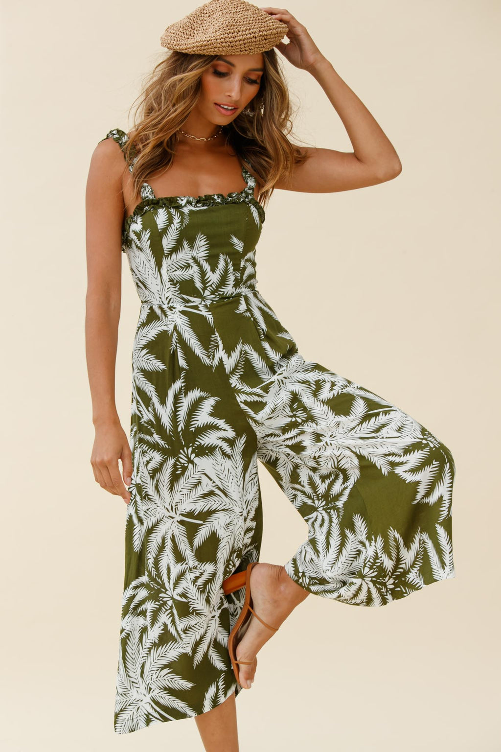 Magdalene Frill Strap Midi Jumpsuit Palm Print Olive by Selfie Leslie