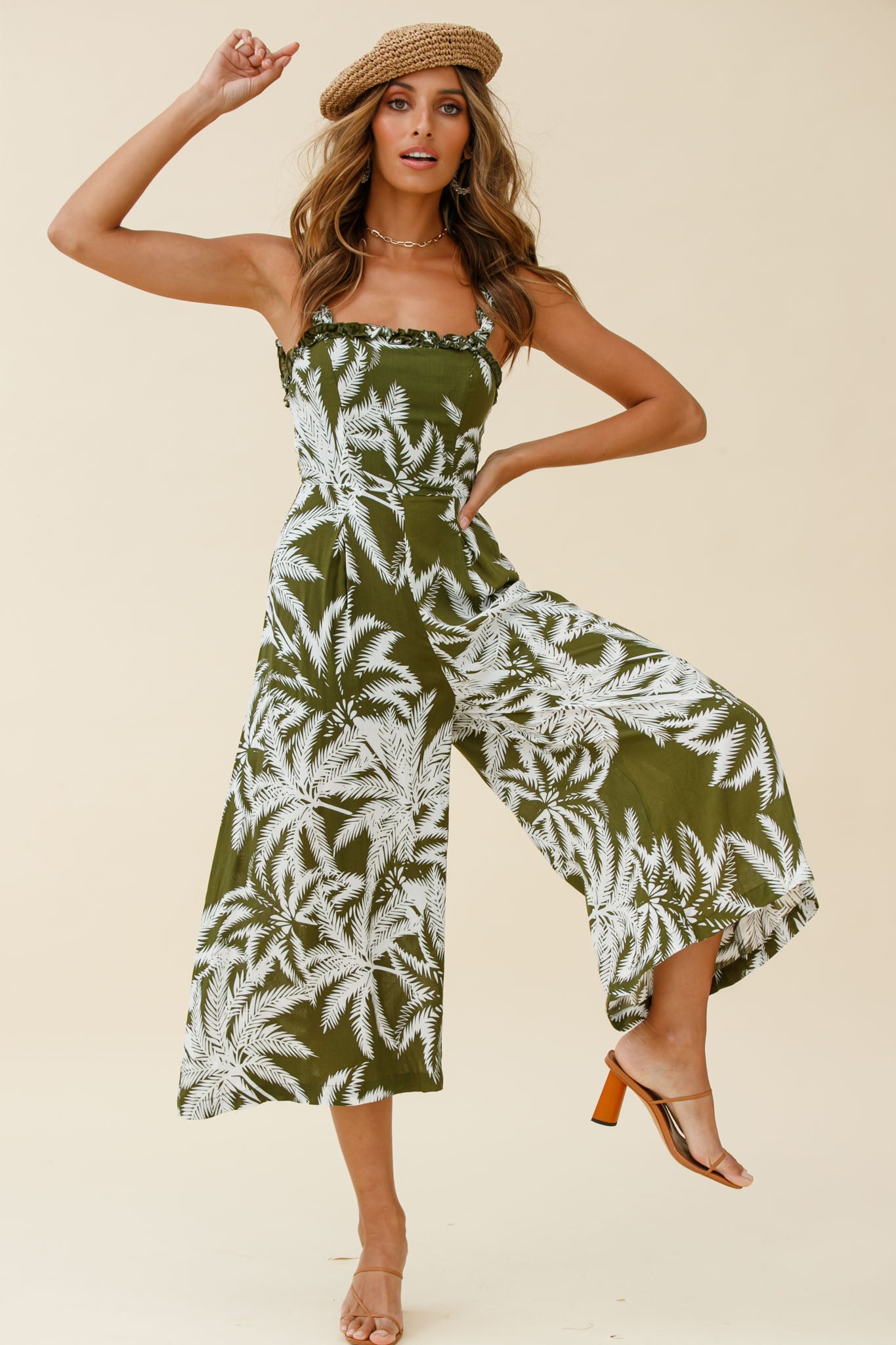 Magdalene Frill Strap Midi Jumpsuit Palm Print Olive by Selfie Leslie