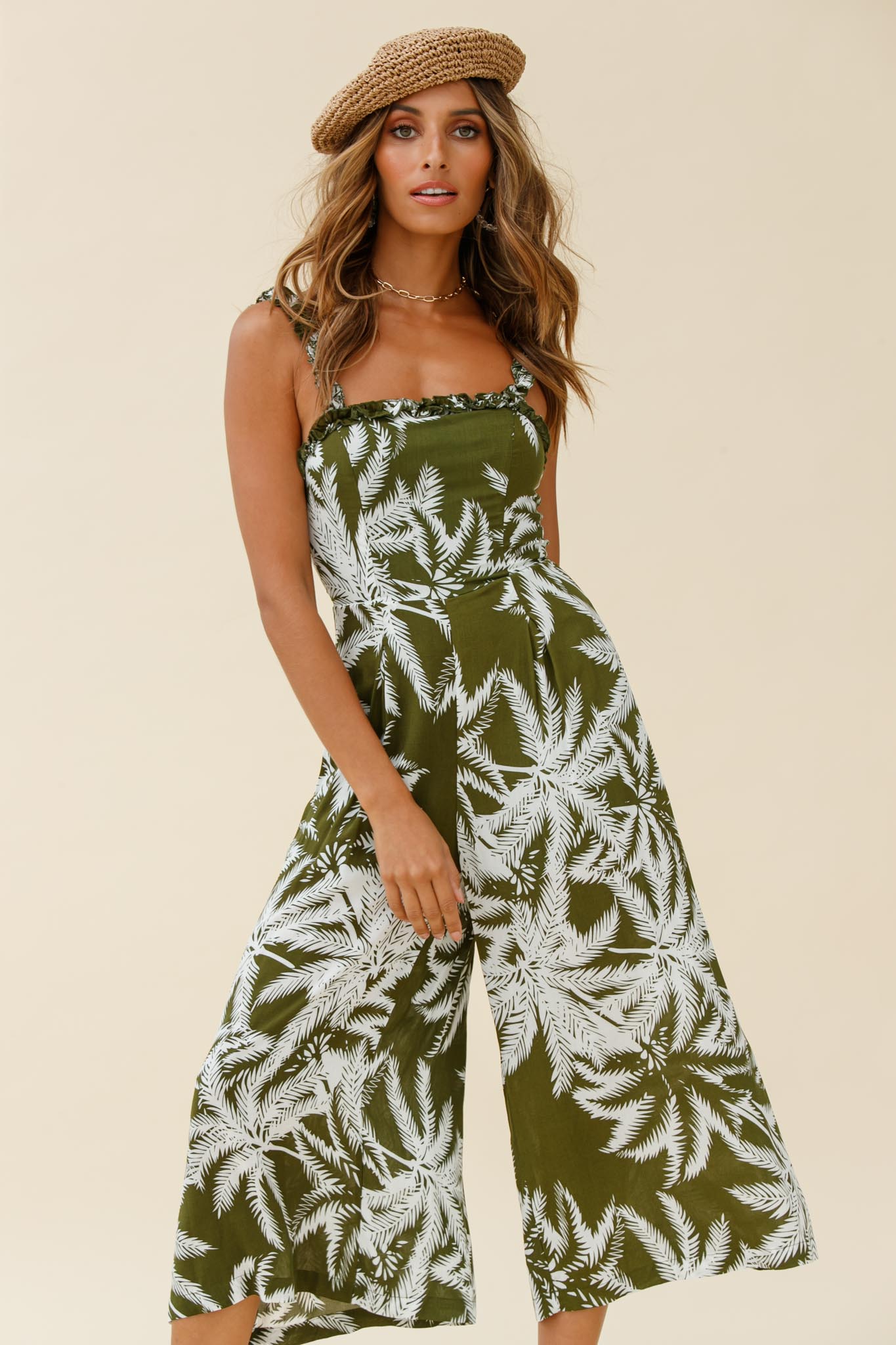 Magdalene Frill Strap Midi Jumpsuit Palm Print Olive by Selfie Leslie