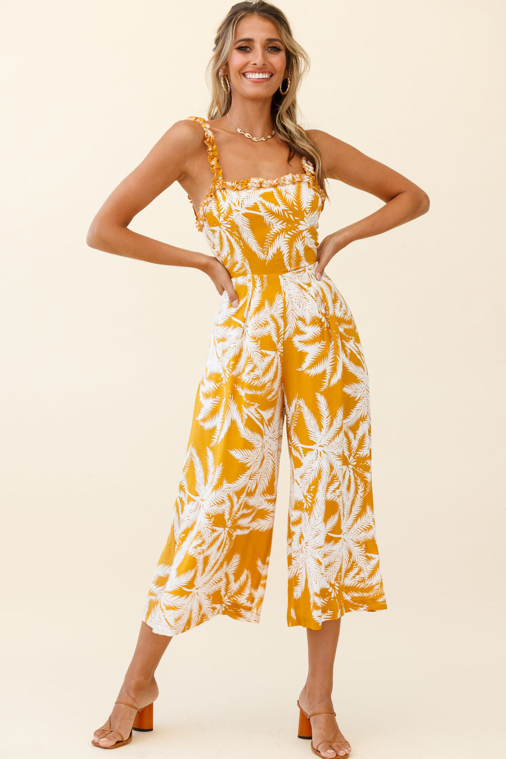 Magdalene Frill Strap Midi Jumpsuit Palm Print Yellow by Selfie Leslie