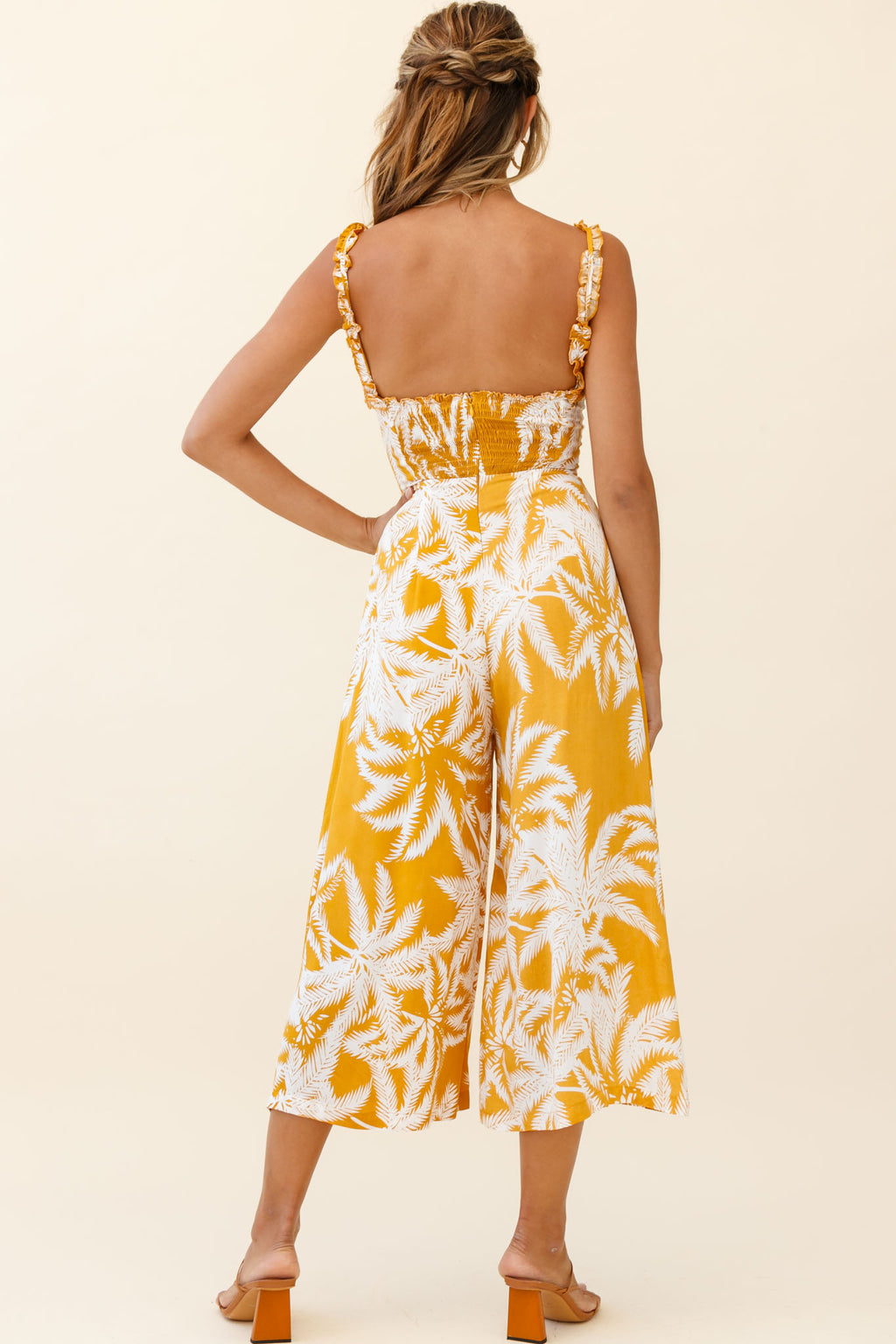 Magdalene Frill Strap Midi Jumpsuit Palm Print Yellow by Selfie Leslie