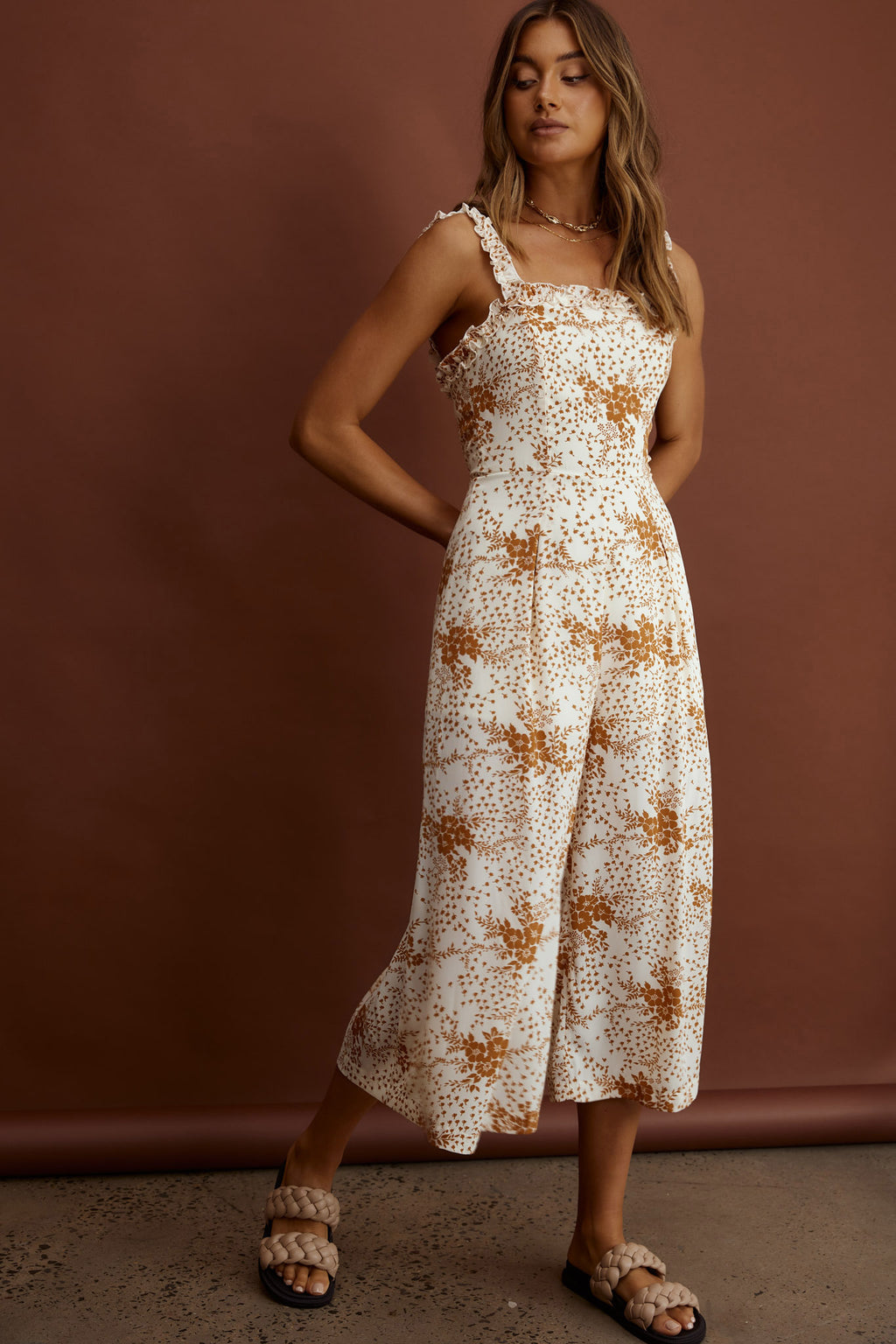 Magdalene Frill Strap Midi Jumpsuit Vintage Floral Tan by Selfie Leslie