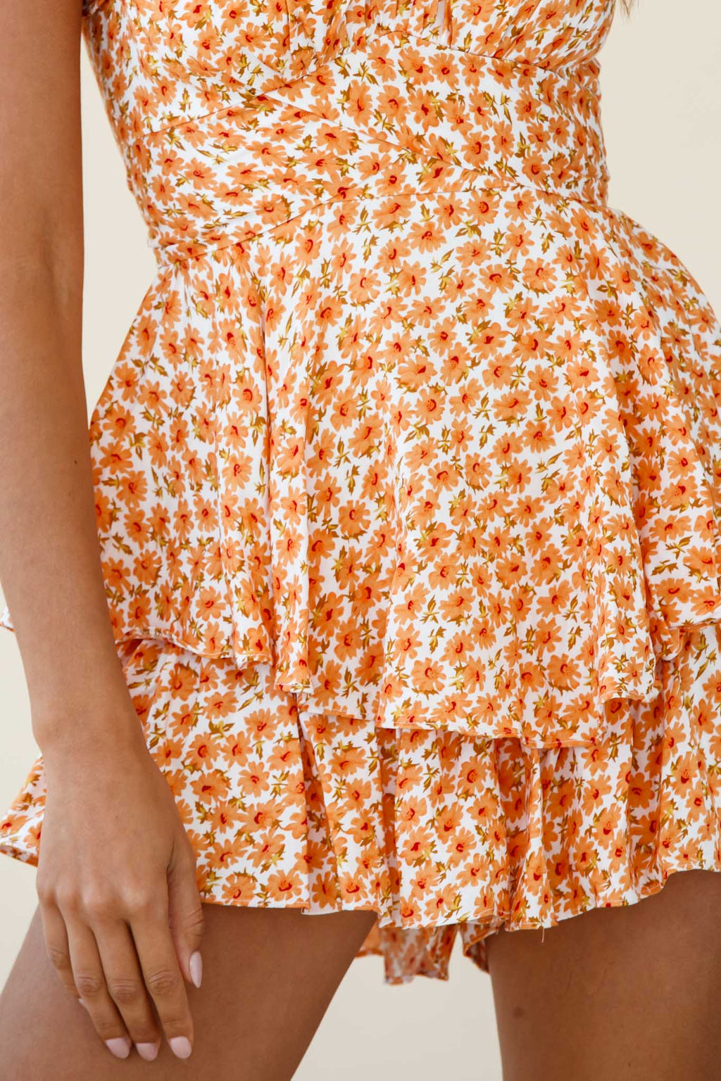 Linka Off-Shoulder Tie Back Romper Flower Print Orange by Selfie Leslie