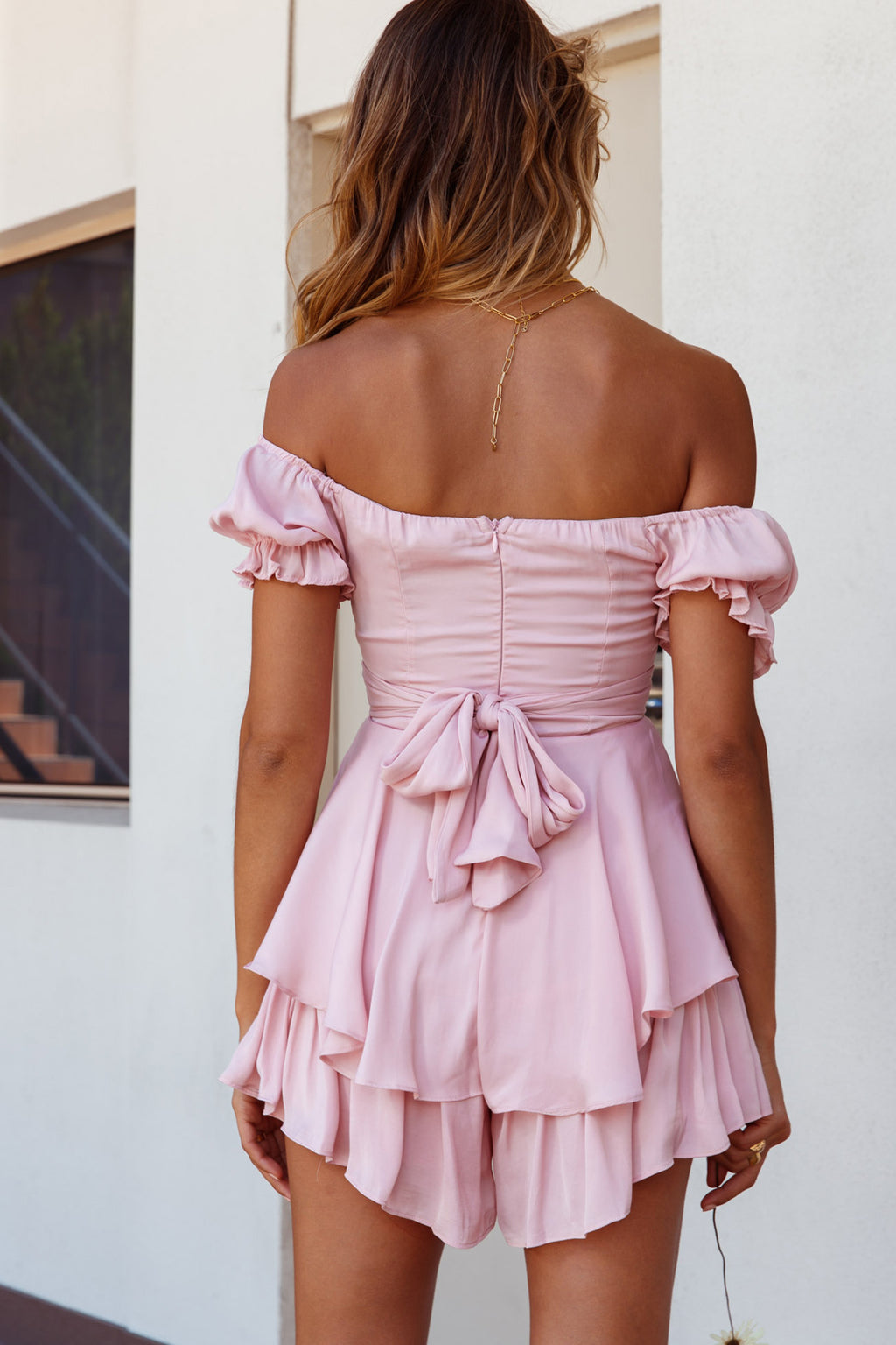 Linka Off-Shoulder Tie Back Romper Blush by Selfie Leslie