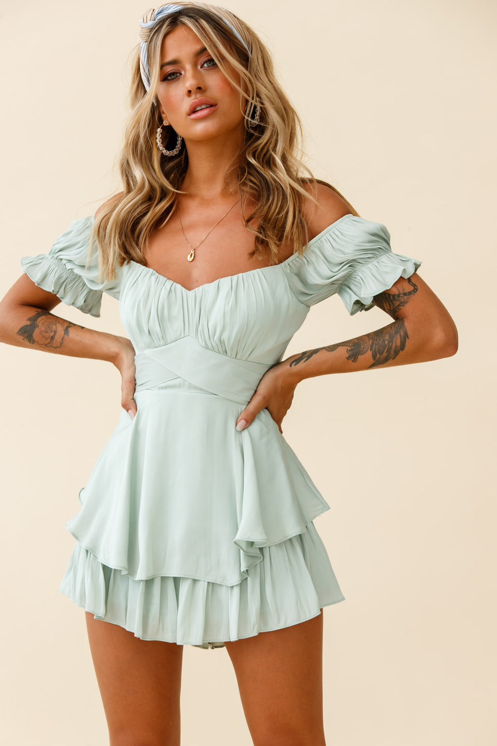 Linka Off-Shoulder Tie Back Romper Pistachio by Selfie Leslie