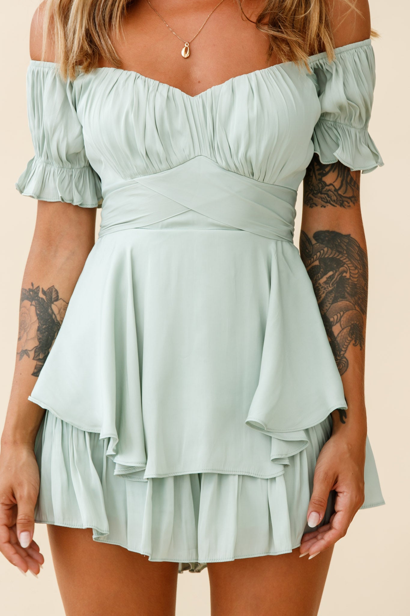 Linka Off-Shoulder Tie Back Romper Pistachio by Selfie Leslie